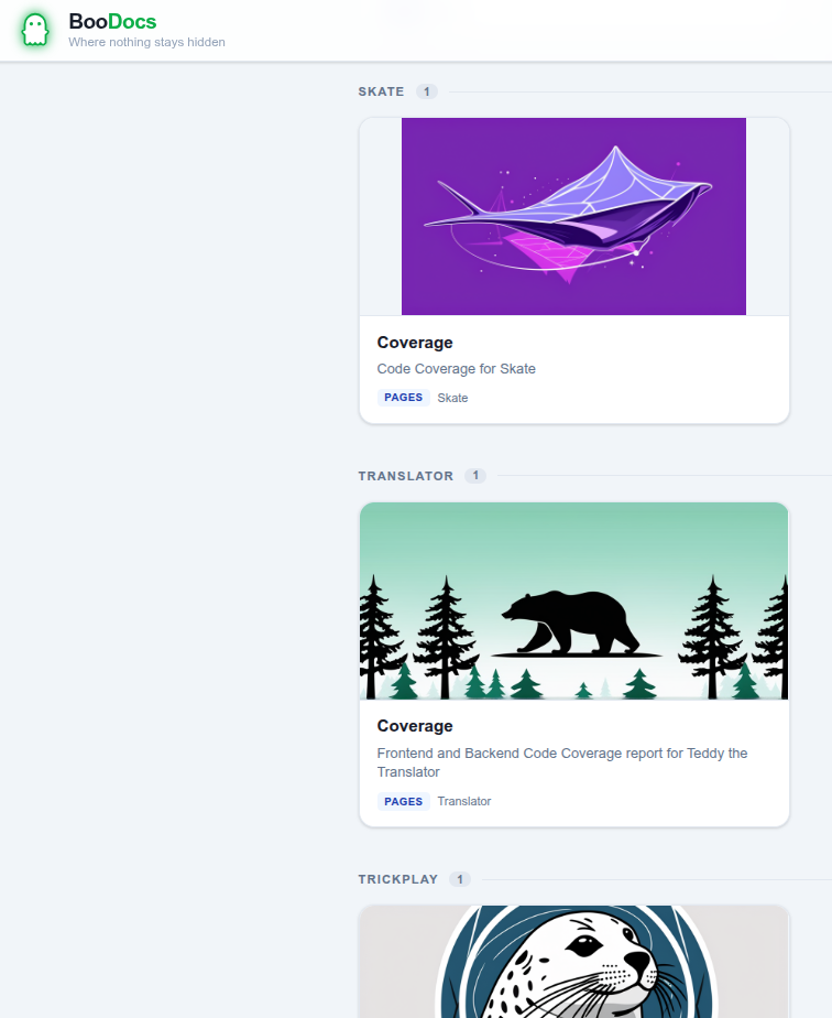 BooDocs home page listing deployments grouped by project, each with a name and description