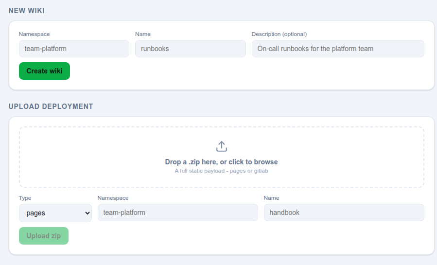 BooDocs admin panel with a form to spin up a new wiki by name, and a drag-and-drop zip uploader for a static deployment
