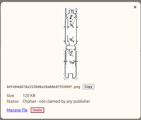 Cocoapuff's asset detail view showing a file marked as an orphan, not claimed by any publisher, with options to manage or delete it