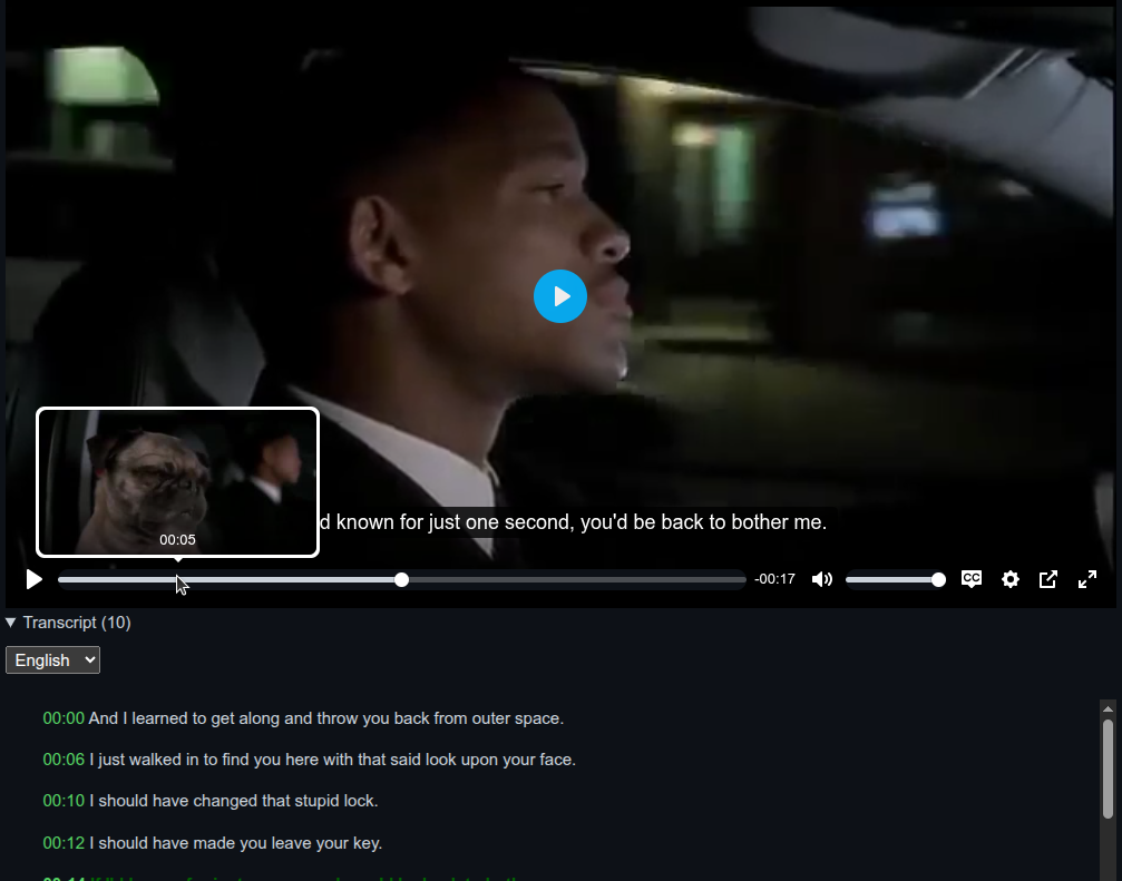 Reggie's video player showing a hover-preview thumbnail on the scrub bar, closed captions, and a synced, timestamped transcript panel below