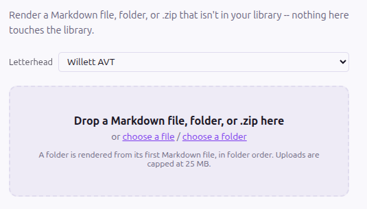 Skate's quick-render panel: a drag-and-drop area for rendering a Markdown file, folder, or zip that isn't in the library