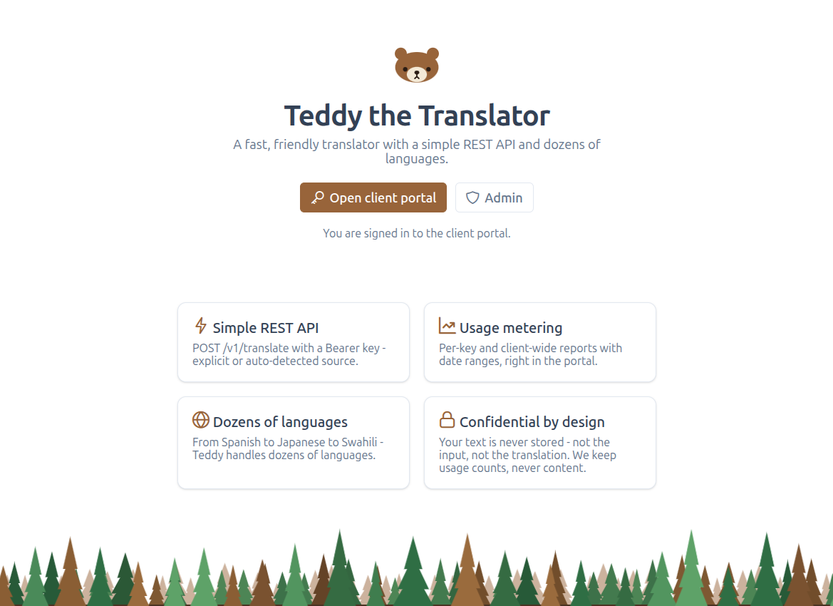 Teddy the Translator's landing page with four feature cards: Simple REST API, Usage metering, Dozens of languages, and Confidential by design
