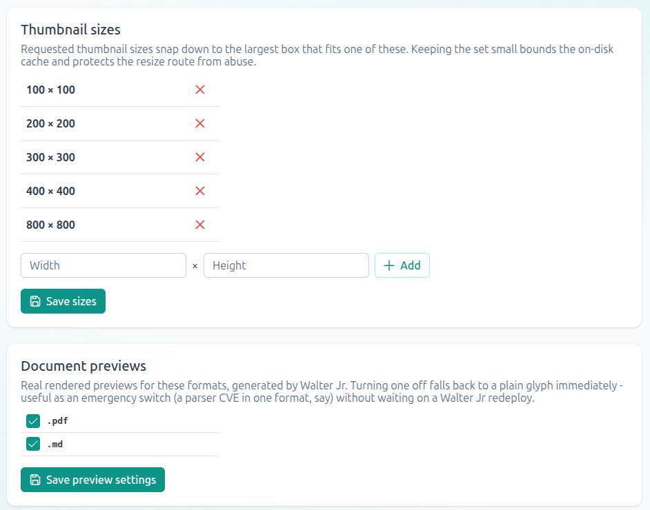 Walter's settings screen for configuring thumbnail sizes and toggling document preview rendering per format