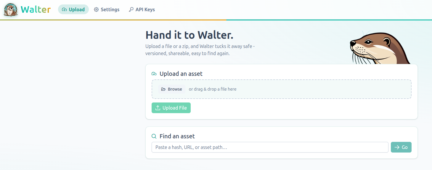 Walter's upload screen with a drag-and-drop area for a file, and a search field for finding an existing asset by hash, URL, or path